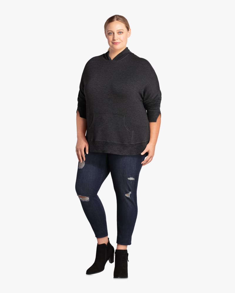 Plus size model with hourglass body shape wearing Deena Long Sleeve Knit Hoodie  by East Adeline | Dia&Co | dia_product_style_image_id:115027